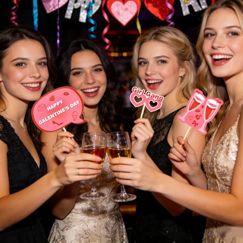 16Pcs Galentine's Day Photo Booth Props Kit,Funny Handheld Pink Party Accessories,Suitable for Valentine's Day Fellowship Party Decorations