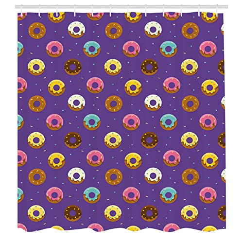 Ambesonne Donut Shower Curtain, Whimsical Colorful Doughnuts Pattern with Stars Dots Stripe Pattern, Cloth Fabric Bathroom Decor Set with Hooks, 69" W x 75" L, Blue Violet Ginger and Pink - color: Blue Violet Ginger and Pink, size: 69" W x 75" L