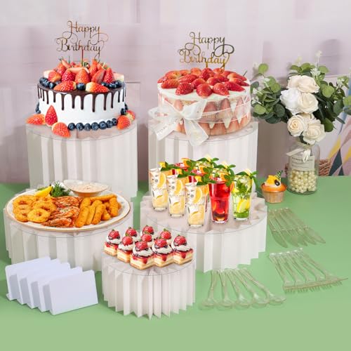 Lucomb 5 PCS Buffet Risers, Food Display Risers for Table, Foldable Cake Stands with Dessert Knife, Fork, Spoon, White Cardboard Cylinder Risers for Party, Wedding, Birthday, Holiday