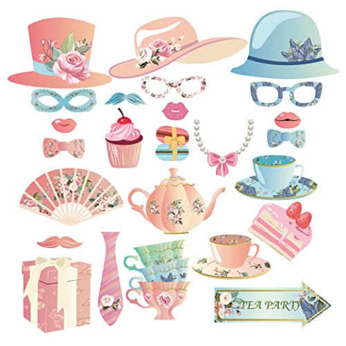 Tea Party Photo Booth 25PCS Party Supplies Holiday Picture Decorations Photo Booth Props for Party Favors Pose Sign Kit Fun for Party - color: Pink