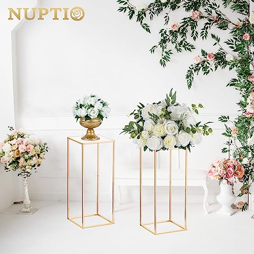 Nuptio Wedding Centerpieces Gold Vases: 2 Pcs 23⅝ inch Tall Flower Stand Metal Floor Vase Column Geometric Centerpiece Stands Rectangular Display Rack for Weddings Party Decoration - size: 23⅝" H X 2 Pcs