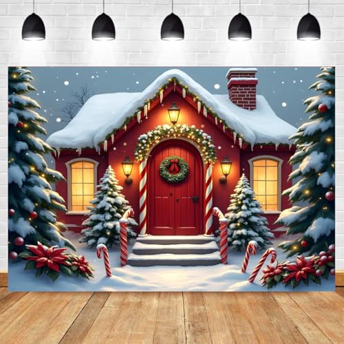 Christmas Candy House Backdrop 7x5FT Merry Xmas Tree Winter Snow Scene Snowflakes Background for New Year Eve Party Decorations Kids Birthday Snow Tree House Decorations Banner - color: Christmas Candy House Backdrop