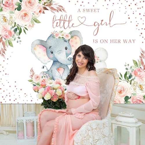 InMemory Cute Elephant Baby Shower Backdrop Watercolor Flower It's A Girl Oh Baby Shower Party Decorations Photography Background Floral Sweet Little Peanut is On The Way Banner 6x4ft - color: Pink Gold, size: 6x4ft