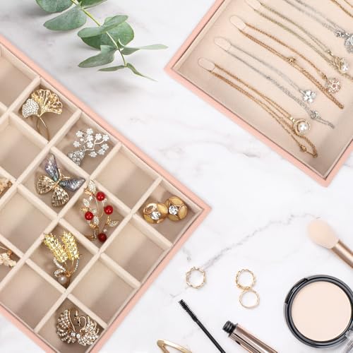 Voova Stackable Jewelry Organizer Tray with Lid, PU Leather Jewelry Storage Holder for Drawer Inserts, Jewellery Display Box Case for Earring Necklace Ring Watch Bracelet (Set of 4, Pink) - color: Pink