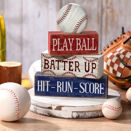 Yuntau 4 Pcs Baseball Decorations Sports Wooden Sign Baseball Centerpieces for Tables Tiered Tray Decor Decorative Mini Faux Book Stack Block for Bedroom Boys Room Mantel Shelf Senior Night Gifts - style: Baseball