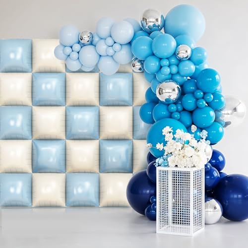 Blue White Square Foil Balloon Wall,25Pcs Double Sided Balloons Backdrop Helium Balloon Tunnel Arch Garland Kit for Birthday Bridal Anniversary Baby Shower Party Decorations - style: Blue White