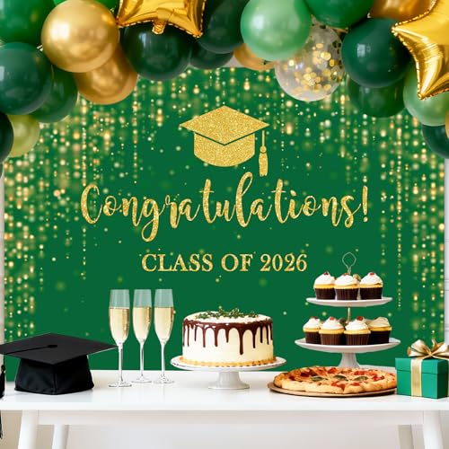 Mocsicka Class of 2026 Backdrop Green Gold Glitter Bokeh Graduation Party Background 2026 Congrats Grad Prom Party Cake Table Decoration Photo Booth Props (7x5ft) - color: Green Gold, size: 7x5ft