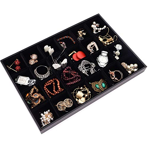 Black Velvet Stackable 24 Grid Jewelry Tray Showcase Display Organizer Holder Dividers for Teen Stud Drop Earring, Watch, Bead, Trinket Storage Adjustable Box Case Dish for College Dorm Woman Drawer - color: Black 24 Grid