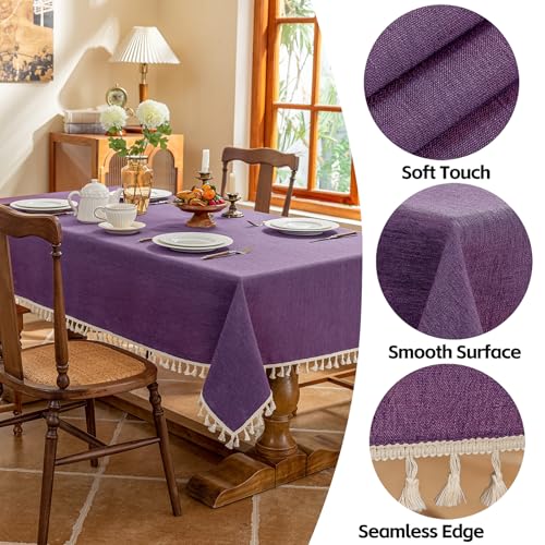 AmHoo Linen Blend Tablecloth Table Cloth 280 GSM Stitching Tassel Rectangle Decorative Natural Table Cover for Kitchen Dinning Wedding Buffet 55×86 inch Purple - color: Purple, size: 55×86 inch