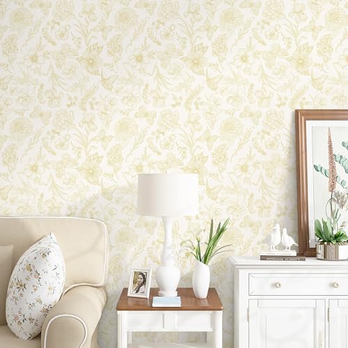 Gold Wallpaper Floral Peel and Stick Wallpaper White and Gold Wall Paper Laundry Room Contact Paper Self-Adhesive Removable Nursery Kids Room Bathroom Bedroom Shelf Liner Vinyl 78.7" x 17.3" - color: Yellow and Beige, size: 17.3" x 78.7"