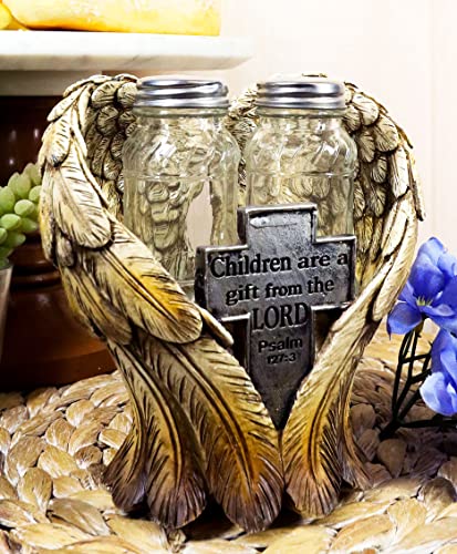 Ebros Gift Decorative Holy Cross Children Are A Gift From The Lord Psalms 127:3 Angel Wings Salt And Pepper Shakers Holder Set in Spiritual Religious Christian Decor Sculpture Kitchen Dining Accent