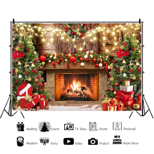 Renaiss 5x3ft Christmas Fireplace Backdrop Xmas Tree Gift Box Glitter Vintage Photography Background for Holiday Winter New Year Merry Xmas Eve Family Party Decor Photo Studio Props - color: christmas-a, size: 5x3ft