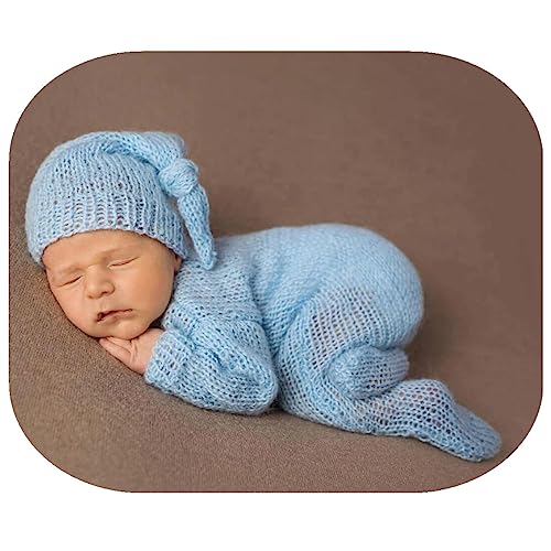 Newborn Photography Prop Baby Boys Girls Photoshoot Outfits Newborn Photo Knitted Romper Sleepy Hat Picture Outfit - color: Light Blue