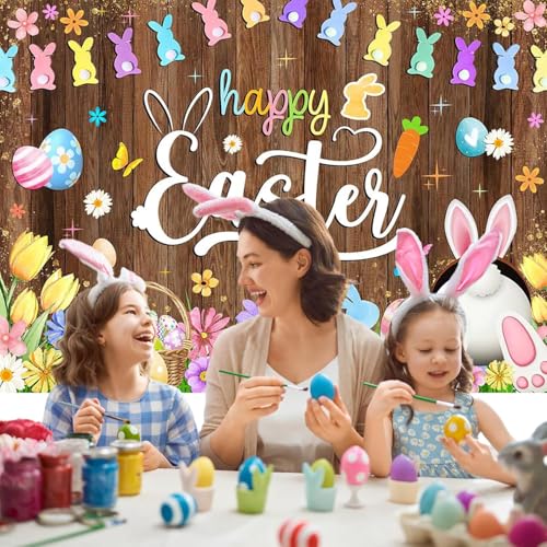 Mocsicka Spring Happy Easter Backdrop Easter Rustic Wooden Wall Photo Banner Colorful Bunny Rabbit Easter Eggs Floral Grass Easter Party Decorations Background Photo Booth Props (8x6ft (96x72 inch)) - size: 8x6ft (96x72 Inch)