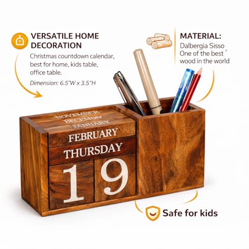 Wooden Perpetual Block Calendar for Desk – Month & Date Wooden Display Blocks for Office, Classroom, Teachers, Students, Rustic Farmhouse Office Desk Decor