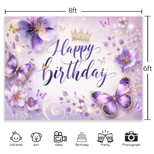 Newsely Purple Butterfly Happy Birthday Backdrop 8Wx6H Photography Lilac Golden Floral Watercolor Flower Crown Princess Background Aesthetic Bday Party Decorations Banner Photo Booth Props Supplies - color: I-Purple, size: 8Wx6H