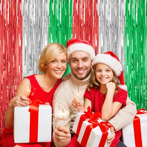 DECOCKRAT 3 Pack Foil Fringe Backdrop - Shiny Tinsel Curtains for Party Decoration/Photo Booth Props - 3.3x8.2FT Metallic Foil Backdrop for Birthday, Wedding, Graduation, Christmas-Red&Silver&Green - color: Red&Silver&Green