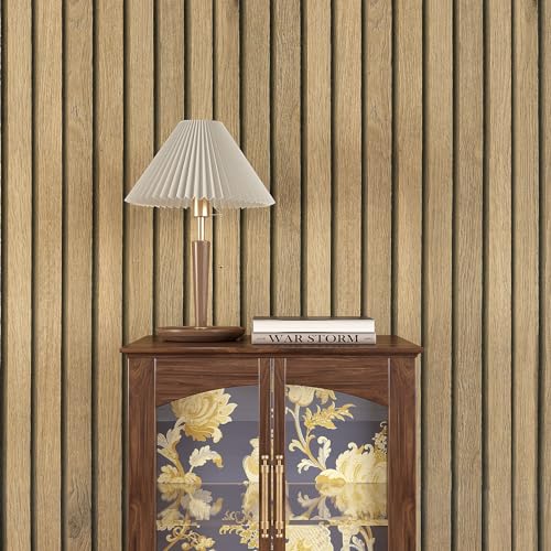 VEELIKE Natural Oak Wood Slat Wallpaper Peel and Stick Light Wood Panel Look Contact Paper for Accent Walls Backdrops 24''x354'' Removable Self Adhesive Wooden Vinyl Wall Panels for Bedroom Bathroom - color: Brown, size: 24" x 354"