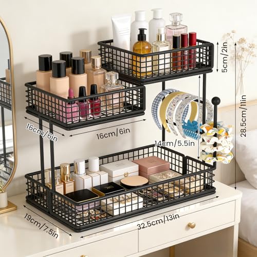 BCWW 3 Tiers Makeup Organizer Countertop Multi Bathroom Counter Organizer Metal Fruit Basket Perfume Skincare Organizers Holder for Vanities, Cabinet, Cosmetic, Dresser Organizer (Square(Black)) - color: Square(Black)