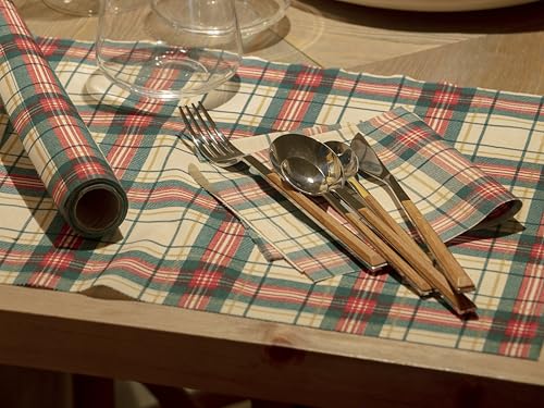 MY DRAP Cotton Luncheon Napkins Bells Xmas (7.8 x 7.8 in - 12 Per Roll) Perfect for hossting Christmas, Xmas, Holidays, Holiday Party, for Party and Events - color: Natural Tartan