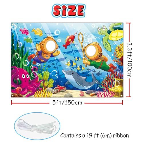 Cartoon Undersea Diving Face in Hole Backdrop 5 x 3.3 ft, Underwater World Diver Face Cutout Photo Props, Seabed Shipwreck Treasure Marine Life Photography Background for Kids Boys