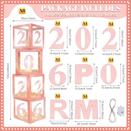 Suncalla 8 Pcs LED Light 2026 Prom Graduation Decorations 12" Prom Balloon Boxes Column Standup 2026 Graduation Lighting Boxes Backdrop Decor for Indoor Outdoor Party Supplies(Pink) - color: Pink