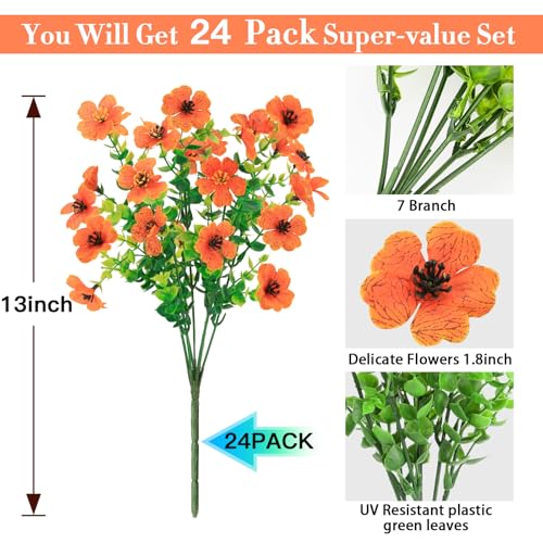 MERIXMAS 24 Bundles Fall Flowers Artificial for Halloween Decoration Outdoors, Fake Plants Autumn, Mums Daisy Eucalyptus Realistic UV Resistant for Garden Patio Porch Home Decor, Orange - color: Orange