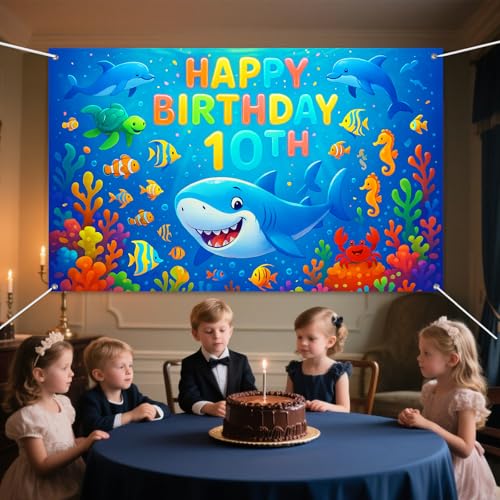 IVN Happy 10th Birthday Backdrop Banner 71x43 Inch Ocean Theme Under the Sea Birthday Party Decorations Photography Background Photo Booth Props for Boys Girls - color: Happy Birthday 10th