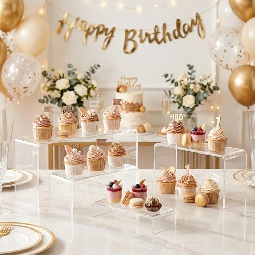 FUNFERY Acrylic Display Risers,2 Sets(7.8" L~8.2" L~8.6" L) Display Stand Shelf for Figure,Collectibles,Cupcake,Clear Acrylic Risers for Displays Case Cabinet,Dessert Table,Shelf Riser for Decor,Food - color: Clear, size: 6 Pcs