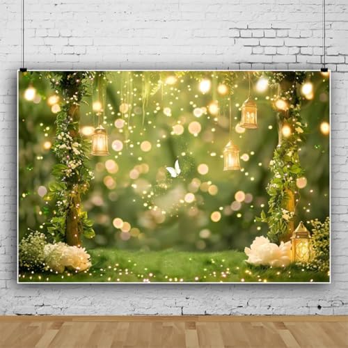 8x6ft Enchanted Fairy Forest Backdrop Fairytale Wonderland Woodland Butterfly Flowers Tree Photography Background Princess Fairy Birthday Party Newborn Baby Shower Decor Photo Prop(Green) - color: Green, size: 8x6ft