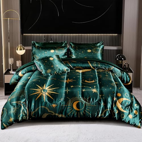 Sun and Moon Comforter Set Blue Green Satin Bedding Queen Stars Cloud Galaxy Comforter Mysterious Celestial Theme Silk Like Silky Bed in A Bag with Comforter and Sheets - color: Green, size: Queen