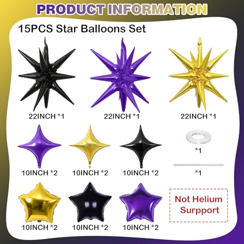 Star Balloons, 22in Purple Black and Gold Star Balloons Foil 10in 4-Pointed & Pentagram Balloon for Graduation Halloween New Year Birthday Party Decorations - color: Black Purple Gold