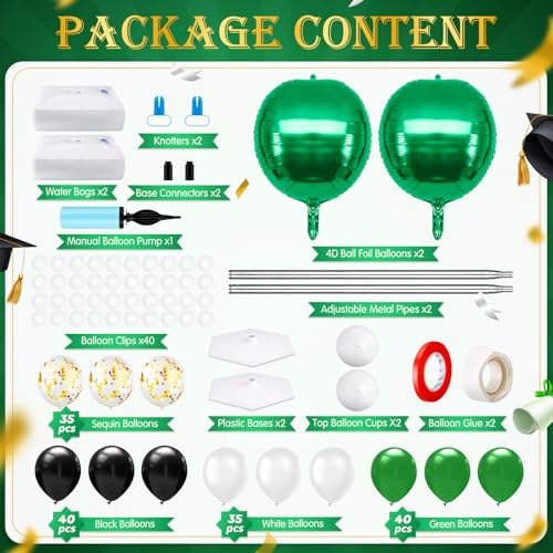 2 Sets Green and Black White Graduation Balloon Column Stand Kit for Class of 2026, Adjustable Floor Balloon Arch Tower with Foil & Latex Balloons, DIY Decor for Grad Ceremony Backdrop - color: Green and Black White