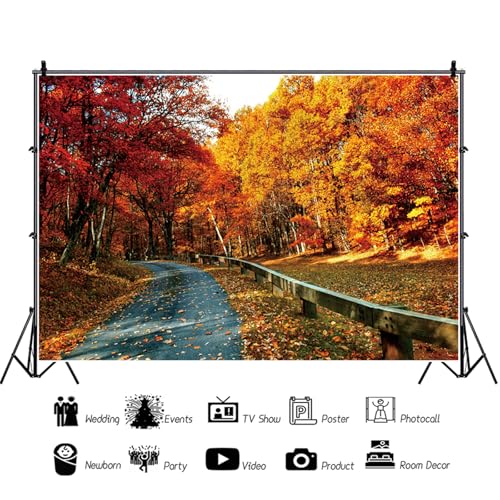 5x3ft Fall Backdrop Autumn Scenery Mountain Road Photography Background Maple Tree Fall Leaves Nature Landscape Decorations Supplies Wallpaper Photo Studio Props - color: Red, size: 5x3ft