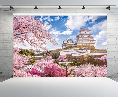 17x10ft Japan Spring Backdrop Himeji Castle Japanese Vintage Castle Blooming Pink Cherry Trees Blue Sky Background Asia Japan Travel Wedding Birthday Party Decor Portrait Photo Booth Props - size: 17x10FT
