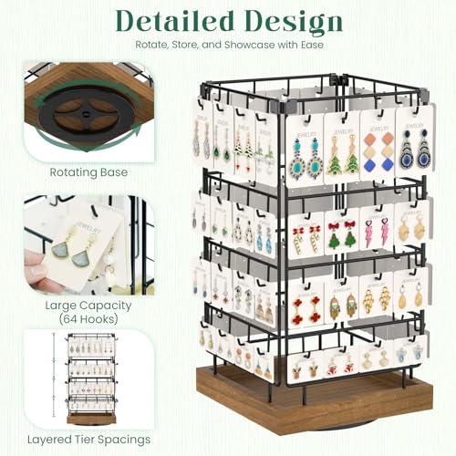 EsLuker.ly Rotating Earring Display Holder Stand for Vendors Events Selling, Large Capacity 64 Hooks Jewelry Rack with Wooden Base for Earring Card Sales, Enhances Retail Display Visibility - color: Brown+Black