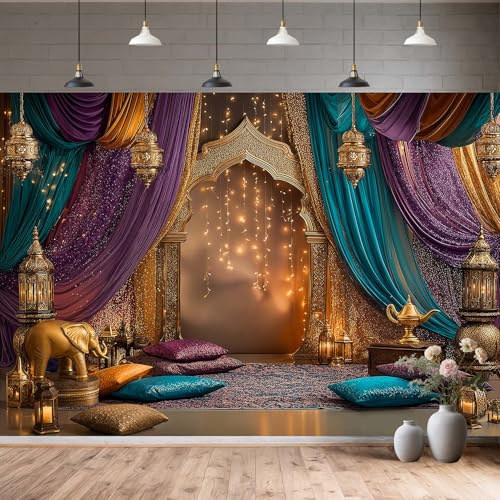6X4ft Arabian Moroccan Nights Party Photography Backdrop, Moroccan Nights Purple Blue Curtain Lamp Luxurious Princess Wedding Birthday Baby Shower Party Background Decorations Photo Studio Props - color: Purple1, size: 6 x 4 ft