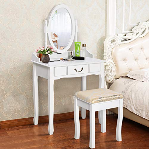 Giantex White Vanity Table Set with Stool, Dressing Table for Girls Women Mirror Makeup Table Desk Room Vanity Dresser, Large Bedroom Vanities w/Drawer