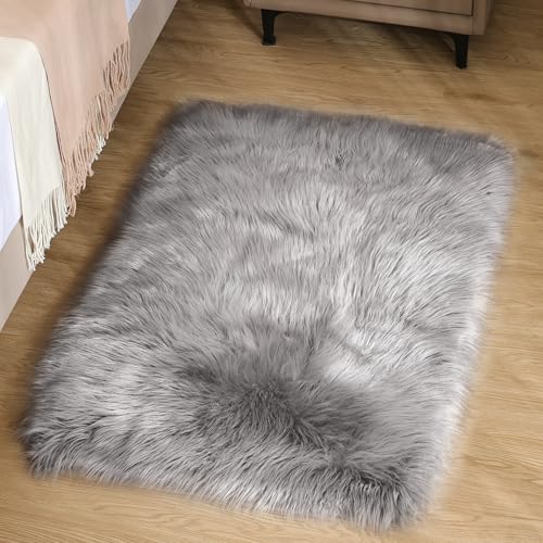 Goolela Grey Fluffy Fuzzy Furry Rug 2x3 Gray Faux Sheepskin Fur Rug for Bedroom Living Room Dorm Small Soft Bedside Carpet Plush Washable Rectangle - color: Grey, size: 2' x 3' (Rectangular)