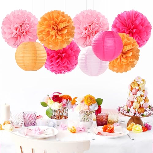 Pink-Orange Party-Decorations Paper-Flowers Lanterns - 15PCS Fall Wedding Birthday Tissue Pom Poms Streamers, Boho Baby Bridal Shower Graduation Sunset Hanging Supplies Decor Hugfond - color: Light Pink Light Orange Rose