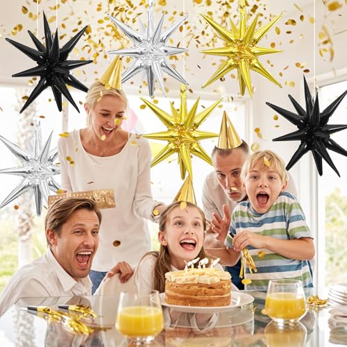 Gold Silver Black Star Balloons, 22 Inch Gold Silver Black Foil Explosion Star Balloons, Large Cone Spike Balloon for Birthday Graduation Wedding Anniversary Party Backdrop Decorations - color: Gold Silver Black