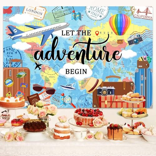 6x4ft Travel World Map Photography Backdrop Let The Adventure Begin Banner Kids Boy Backdrop Famous Landmark Scenery Birthday Party Decor Photo Backdrops Booth Props Background - color: Multi3, size: 6X4ft
