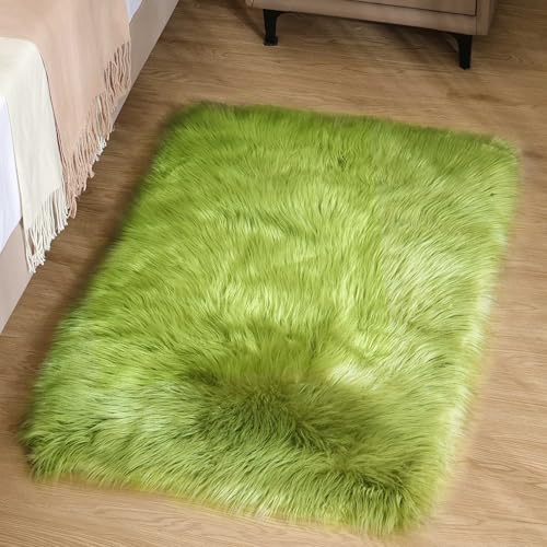Goolela Lime Green Fluffy Fuzzy Fur Rug for Bedroom 2x3 Faux Sheepskin Area Rug Furry Shaggy Dorm Bedside Soft Washable Rectangle - color: Olive Green, size: 2' x 3' (Rectangular)