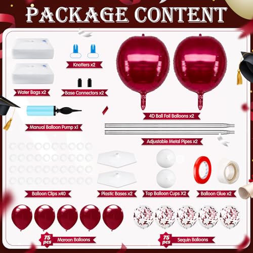 2 Sets Maroon Graduation Balloon Column Stand Kit for Class of 2026, Adjustable Floor Balloon Arch Tower with Foil & Latex Balloons, DIY Decor for Grad Ceremony Backdrop - color: Burgundy