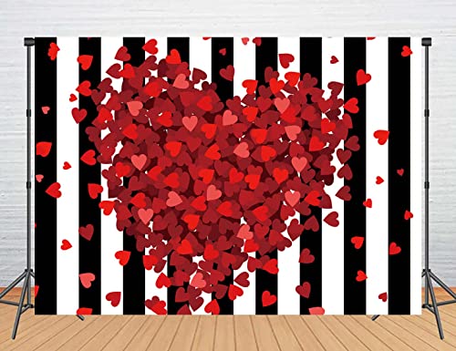 Red Hearts Backdrop for Wedding Anniversary, 5x3FT Black White Striped Background, Romantic Patry Banner Photo Booth Props RBJMYLU35 - size: polyester microfiber fabric-5x3ft