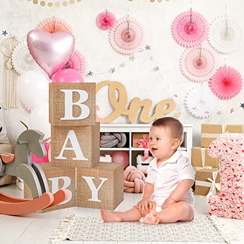RUBFAC Burlap Print Baby Boxes with Letters for Baby Shower, 4pcs Rustic Farmhouse Style Boho Balloon Boxes with Burlap Grain for Birthday Gender Reveal Decoration Backdrop Photo Props - color: Burlap Printed