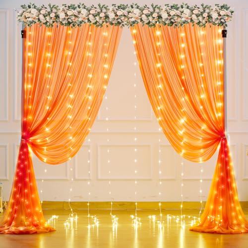 Orange Tulle Backdrop Curtain with Lights String for Parites 10x8ft Sheer Backdrop Curtains Drapes for Birthday Party Baby Shower Wedding Ceremony Prom Halloween Photo Booth Background Decorations - color: Orange, size: 10 ft X 8 ft(2 Panels 5ft X 8ft)