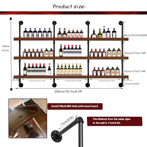 78.7in Large Wine Rack with LED Light Solid Wood Wall Mounted Wine Rack, 3-Tiers Liquor Bottles Floating Shelves Display Storage Organizer for Home Bar & Dining Room (200cm/78.7in) - size: 78.7 inches
