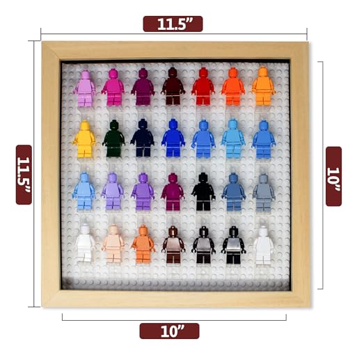 Figurine Display Case 10x10 Natural Shadow Box for Miniature Figures 10x10 Natural Wood Shadow Box with White Base to Display Up to 28 Block Figures - color: Natural With White Backing, size: 10x10