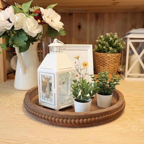 Hrastany Wood Decorative Serving Tray with Bead, Round Vintage Wooden Ottoman Tray for Home Centerpiece, Counter Organizer, 13” Circle Tray for Kitchen, Living Room (Rustic Brown) - color: Round Brown, size: 13"